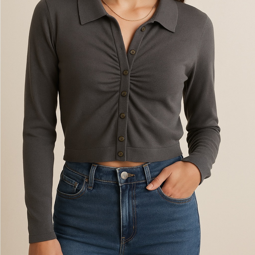 Elegant Charcoal Button-Down knit Top